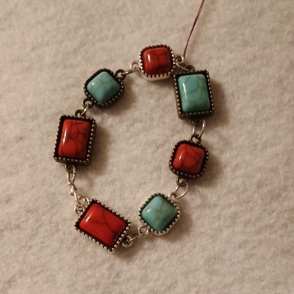 Silver Bracelet with Red and Turquoise Stones